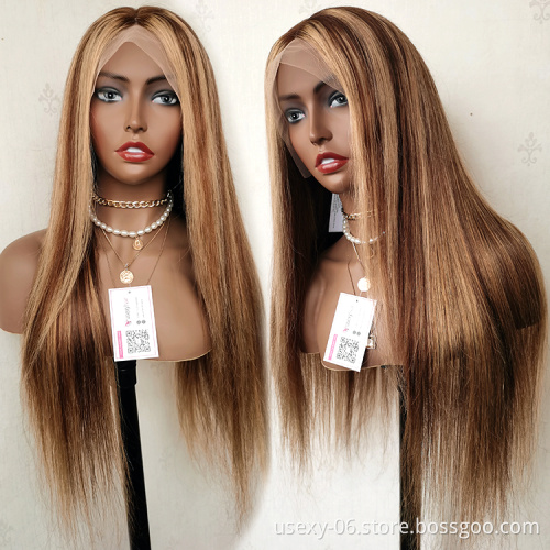 Highlight 1B Honey Brown Color Straight Human Hair Lace Front Wig Virgin Brazilian Hair Highlight Wig Transparent HD Frontal Wig